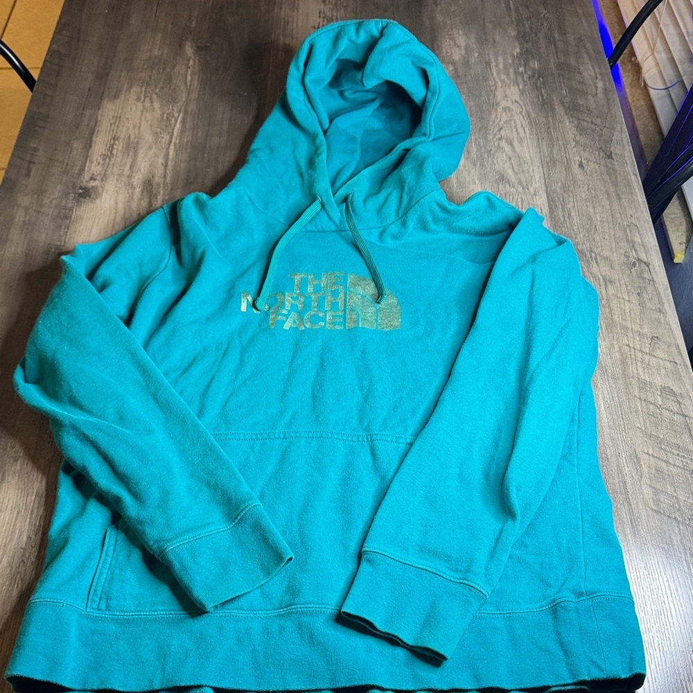 The North Face Teal Hooded Pullover with Metallic Logo